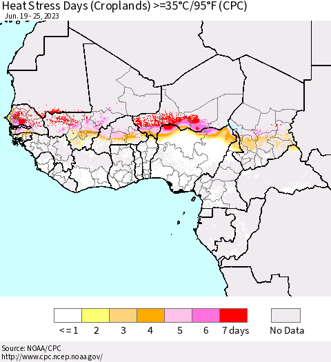 Western Africa Heat Stress Days (Croplands) >=35°C/95°F (CPC) Thematic Map For 6/19/2023 - 6/25/2023
