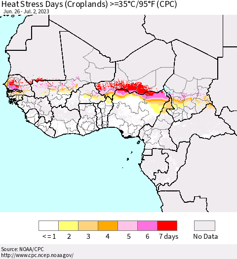 Western Africa Heat Stress Days (Croplands) >=35°C/95°F (CPC) Thematic Map For 6/26/2023 - 7/2/2023