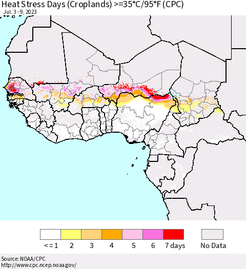 Western Africa Heat Stress Days (Croplands) >=35°C/95°F (CPC) Thematic Map For 7/3/2023 - 7/9/2023
