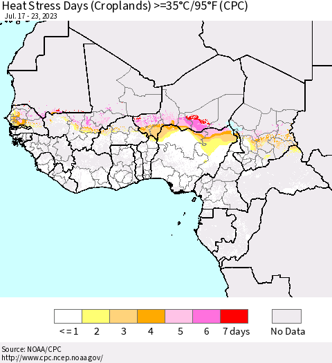 Western Africa Heat Stress Days (Croplands) >=35°C/95°F (CPC) Thematic Map For 7/17/2023 - 7/23/2023