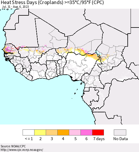 Western Africa Heat Stress Days (Croplands) >=35°C/95°F (CPC) Thematic Map For 7/31/2023 - 8/6/2023