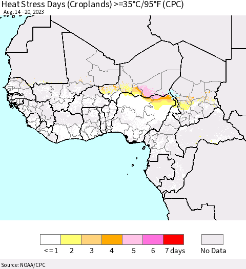 Western Africa Heat Stress Days (Croplands) >=35°C/95°F (CPC) Thematic Map For 8/14/2023 - 8/20/2023