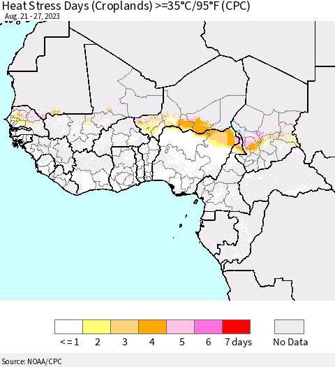 Western Africa Heat Stress Days (Croplands) >=35°C/95°F (CPC) Thematic Map For 8/21/2023 - 8/27/2023