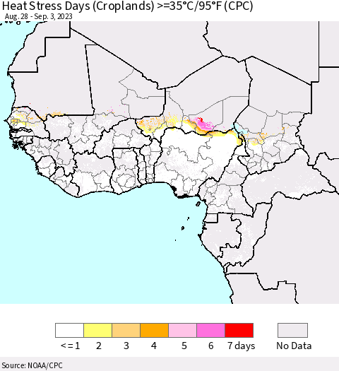 Western Africa Heat Stress Days (Croplands) >=35°C/95°F (CPC) Thematic Map For 8/28/2023 - 9/3/2023