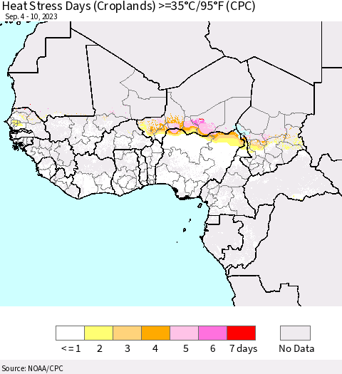 Western Africa Heat Stress Days (Croplands) >=35°C/95°F (CPC) Thematic Map For 9/4/2023 - 9/10/2023