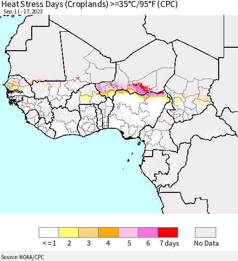 Western Africa Heat Stress Days (Croplands) >=35°C/95°F (CPC) Thematic Map For 9/11/2023 - 9/17/2023