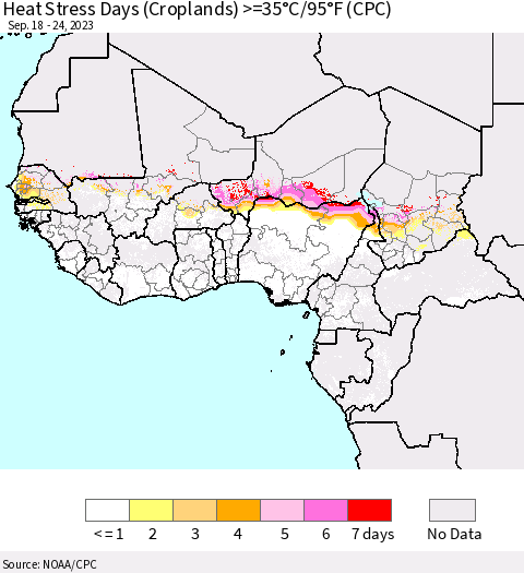Western Africa Heat Stress Days (Croplands) >=35°C/95°F (CPC) Thematic Map For 9/18/2023 - 9/24/2023