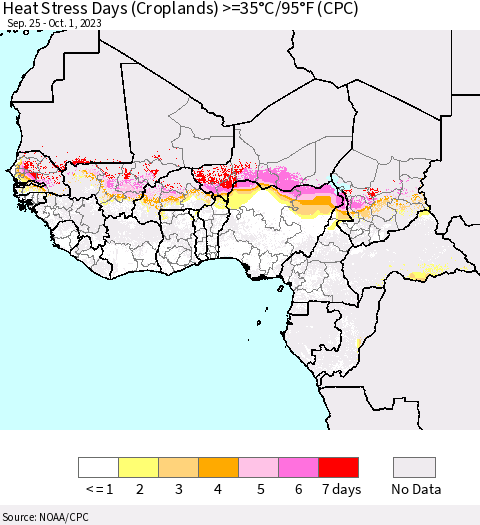 Western Africa Heat Stress Days (Croplands) >=35°C/95°F (CPC) Thematic Map For 9/25/2023 - 10/1/2023
