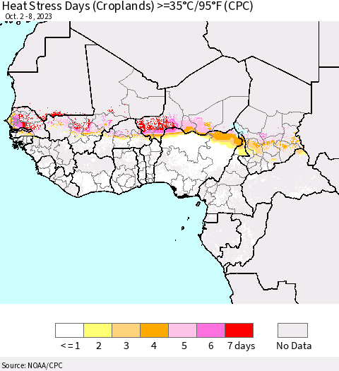 Western Africa Heat Stress Days (Croplands) >=35°C/95°F (CPC) Thematic Map For 10/2/2023 - 10/8/2023