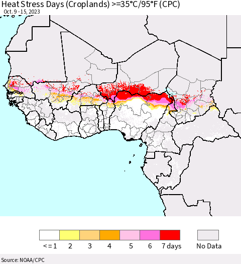 Western Africa Heat Stress Days (Croplands) >=35°C/95°F (CPC) Thematic Map For 10/9/2023 - 10/15/2023