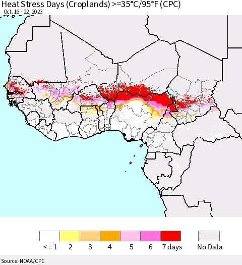 Western Africa Heat Stress Days (Croplands) >=35°C/95°F (CPC) Thematic Map For 10/16/2023 - 10/22/2023