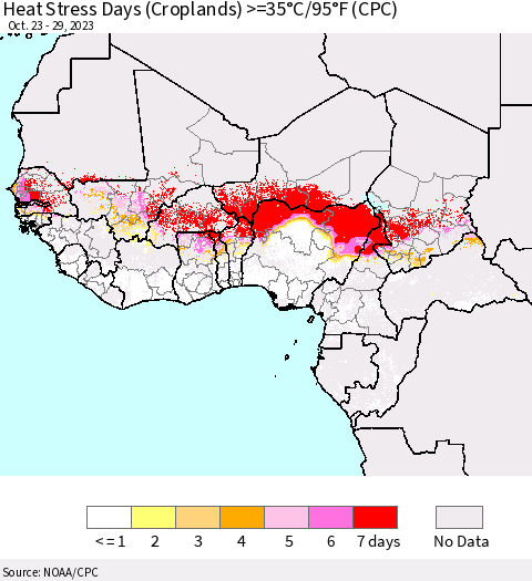 Western Africa Heat Stress Days (Croplands) >=35°C/95°F (CPC) Thematic Map For 10/23/2023 - 10/29/2023