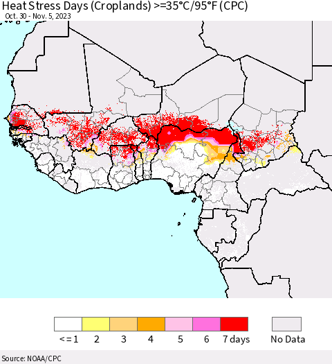 Western Africa Heat Stress Days (Croplands) >=35°C/95°F (CPC) Thematic Map For 10/30/2023 - 11/5/2023