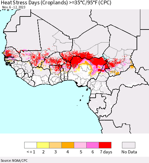 Western Africa Heat Stress Days (Croplands) >=35°C/95°F (CPC) Thematic Map For 11/6/2023 - 11/12/2023