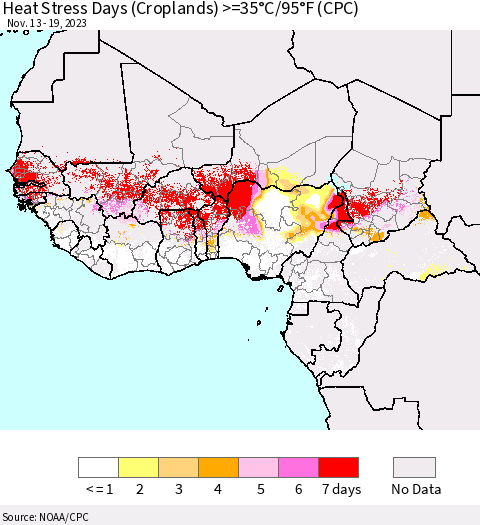 Western Africa Heat Stress Days (Croplands) >=35°C/95°F (CPC) Thematic Map For 11/13/2023 - 11/19/2023