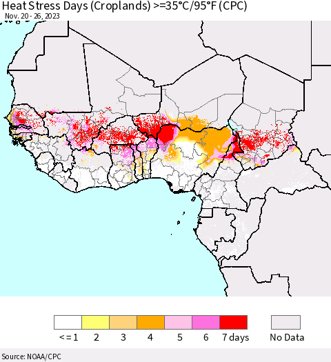 Western Africa Heat Stress Days (Croplands) >=35°C/95°F (CPC) Thematic Map For 11/20/2023 - 11/26/2023