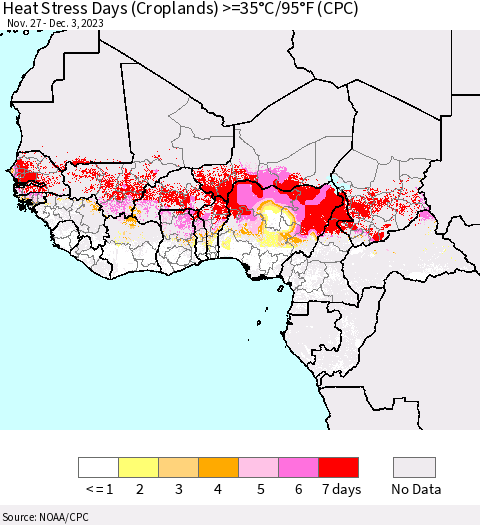 Western Africa Heat Stress Days (Croplands) >=35°C/95°F (CPC) Thematic Map For 11/27/2023 - 12/3/2023