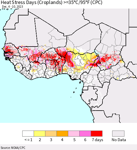 Western Africa Heat Stress Days (Croplands) >=35°C/95°F (CPC) Thematic Map For 12/4/2023 - 12/10/2023