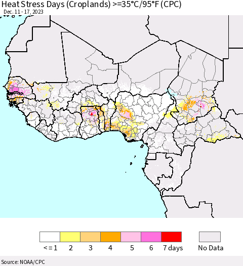 Western Africa Heat Stress Days (Croplands) >=35°C/95°F (CPC) Thematic Map For 12/11/2023 - 12/17/2023