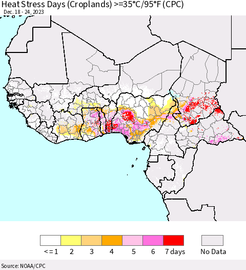 Western Africa Heat Stress Days (Croplands) >=35°C/95°F (CPC) Thematic Map For 12/18/2023 - 12/24/2023
