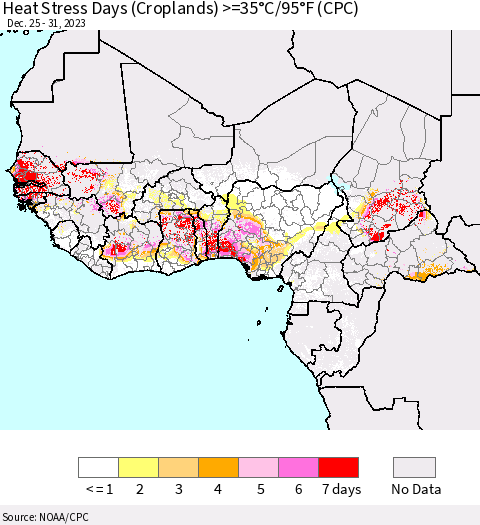 Western Africa Heat Stress Days (Croplands) >=35°C/95°F (CPC) Thematic Map For 12/25/2023 - 12/31/2023