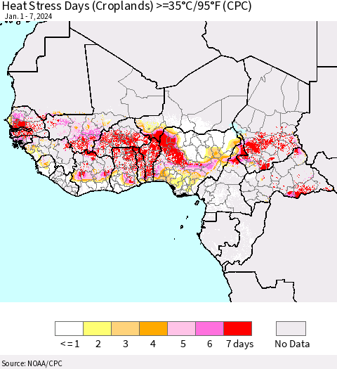 Western Africa Heat Stress Days (Croplands) >=35°C/95°F (CPC) Thematic Map For 1/1/2024 - 1/7/2024