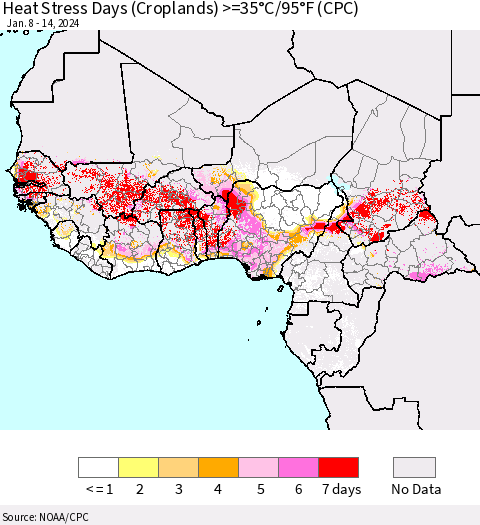 Western Africa Heat Stress Days (Croplands) >=35°C/95°F (CPC) Thematic Map For 1/8/2024 - 1/14/2024