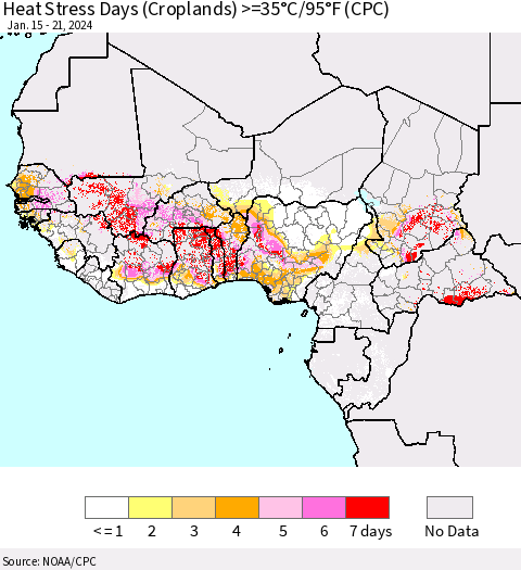 Western Africa Heat Stress Days (Croplands) >=35°C/95°F (CPC) Thematic Map For 1/15/2024 - 1/21/2024