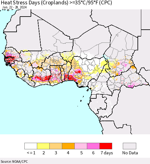 Western Africa Heat Stress Days (Croplands) >=35°C/95°F (CPC) Thematic Map For 1/22/2024 - 1/28/2024