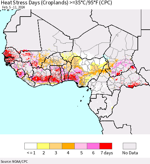 Western Africa Heat Stress Days (Croplands) >=35°C/95°F (CPC) Thematic Map For 2/5/2024 - 2/11/2024