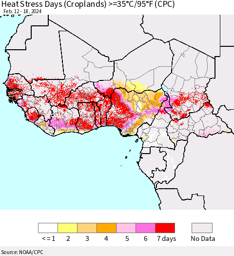 Western Africa Heat Stress Days (Croplands) >=35°C/95°F (CPC) Thematic Map For 2/12/2024 - 2/18/2024