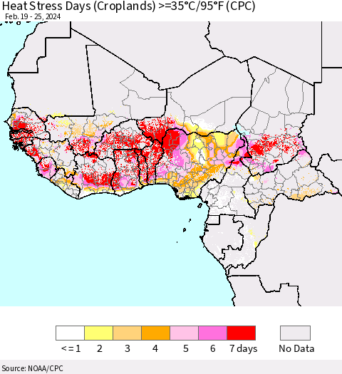 Western Africa Heat Stress Days (Croplands) >=35°C/95°F (CPC) Thematic Map For 2/19/2024 - 2/25/2024