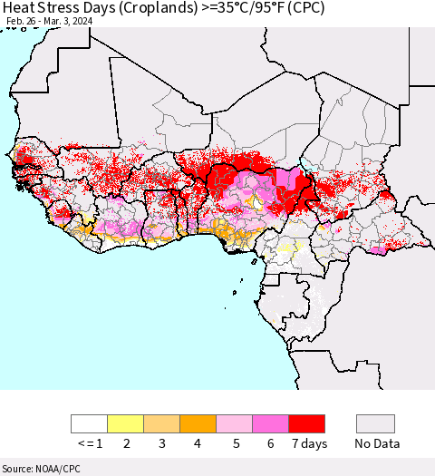 Western Africa Heat Stress Days (Croplands) >=35°C/95°F (CPC) Thematic Map For 2/26/2024 - 3/3/2024