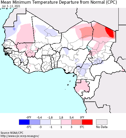 Western Africa Mean Minimum Temperature Departure from Normal (CPC) Thematic Map For 7/5/2021 - 7/11/2021