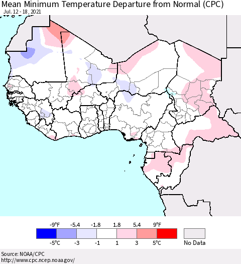 Western Africa Mean Minimum Temperature Departure from Normal (CPC) Thematic Map For 7/12/2021 - 7/18/2021