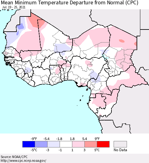 Western Africa Mean Minimum Temperature Departure from Normal (CPC) Thematic Map For 7/19/2021 - 7/25/2021