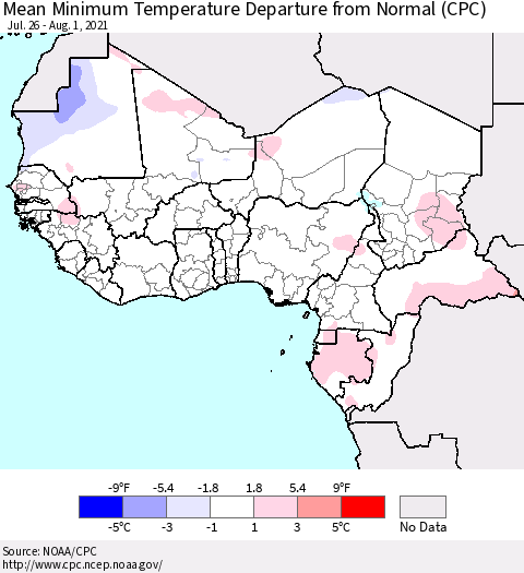 Western Africa Mean Minimum Temperature Departure from Normal (CPC) Thematic Map For 7/26/2021 - 8/1/2021