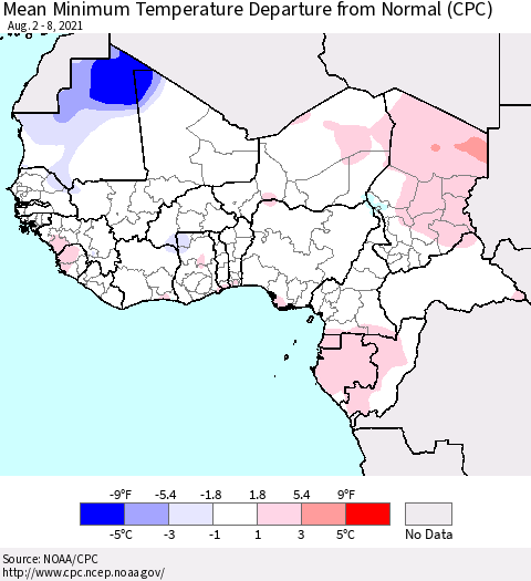 Western Africa Mean Minimum Temperature Departure from Normal (CPC) Thematic Map For 8/2/2021 - 8/8/2021
