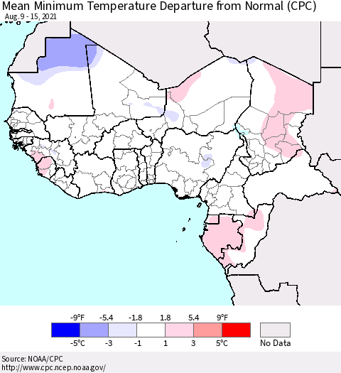 Western Africa Mean Minimum Temperature Departure from Normal (CPC) Thematic Map For 8/9/2021 - 8/15/2021