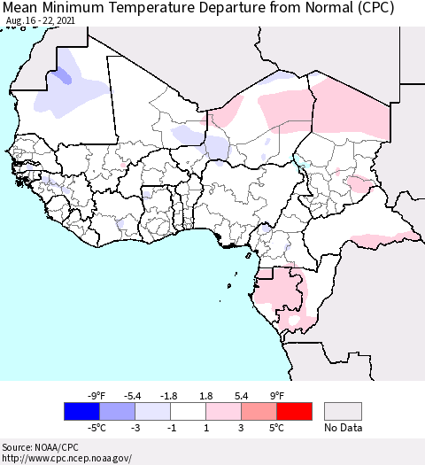 Western Africa Mean Minimum Temperature Departure from Normal (CPC) Thematic Map For 8/16/2021 - 8/22/2021