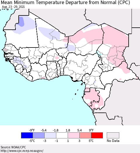 Western Africa Mean Minimum Temperature Departure from Normal (CPC) Thematic Map For 8/23/2021 - 8/29/2021