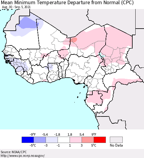 Western Africa Mean Minimum Temperature Departure from Normal (CPC) Thematic Map For 8/30/2021 - 9/5/2021