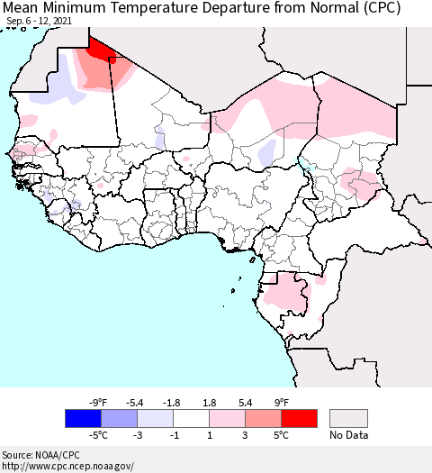 Western Africa Mean Minimum Temperature Departure from Normal (CPC) Thematic Map For 9/6/2021 - 9/12/2021