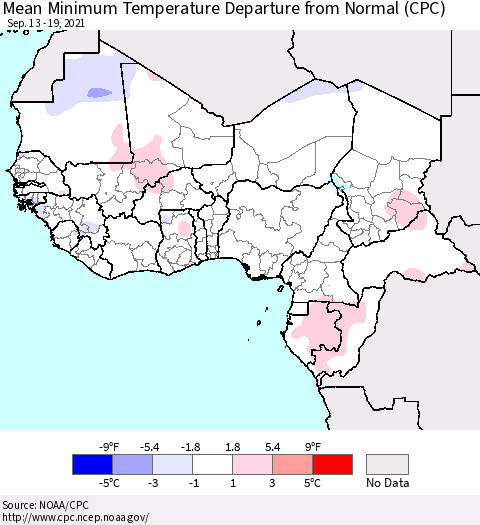 Western Africa Mean Minimum Temperature Departure from Normal (CPC) Thematic Map For 9/13/2021 - 9/19/2021