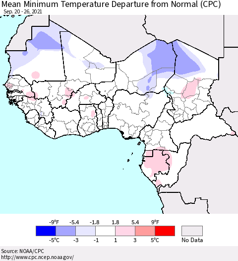 Western Africa Mean Minimum Temperature Departure from Normal (CPC) Thematic Map For 9/20/2021 - 9/26/2021