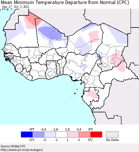 Western Africa Mean Minimum Temperature Departure from Normal (CPC) Thematic Map For 9/27/2021 - 10/3/2021