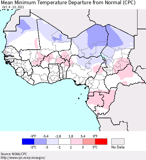 Western Africa Mean Minimum Temperature Departure from Normal (CPC) Thematic Map For 10/4/2021 - 10/10/2021