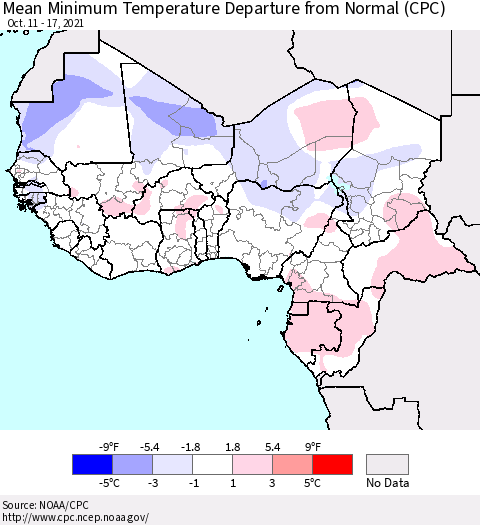 Western Africa Mean Minimum Temperature Departure from Normal (CPC) Thematic Map For 10/11/2021 - 10/17/2021