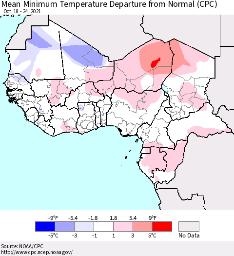 Western Africa Mean Minimum Temperature Departure from Normal (CPC) Thematic Map For 10/18/2021 - 10/24/2021