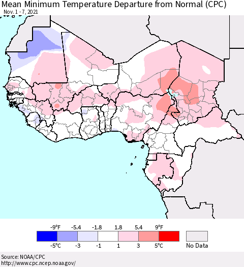 Western Africa Mean Minimum Temperature Departure from Normal (CPC) Thematic Map For 11/1/2021 - 11/7/2021